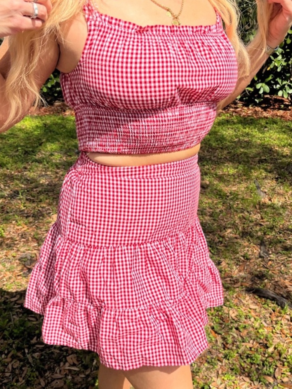 Red Gingham Ruffle Mini Skirt